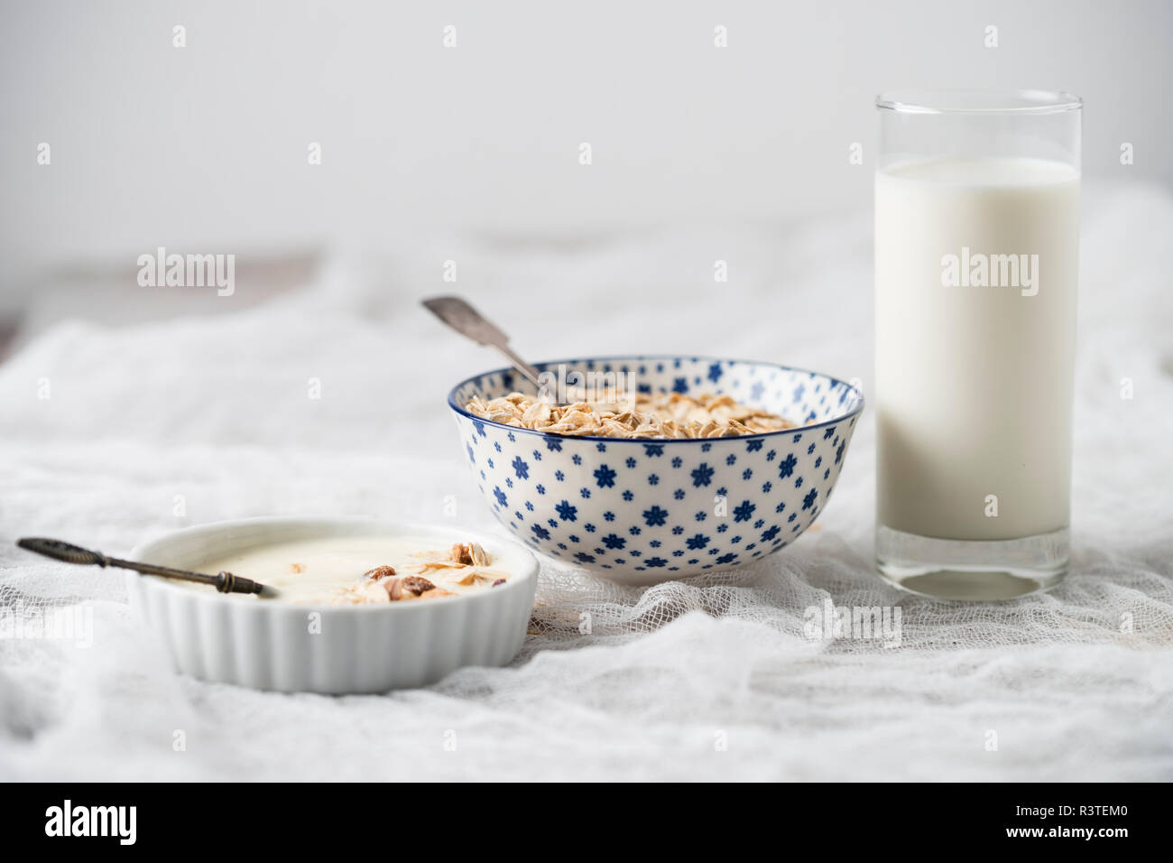 Bowls of granola, oat flakes and natural yoghurt and a glass of milk Stock Photo