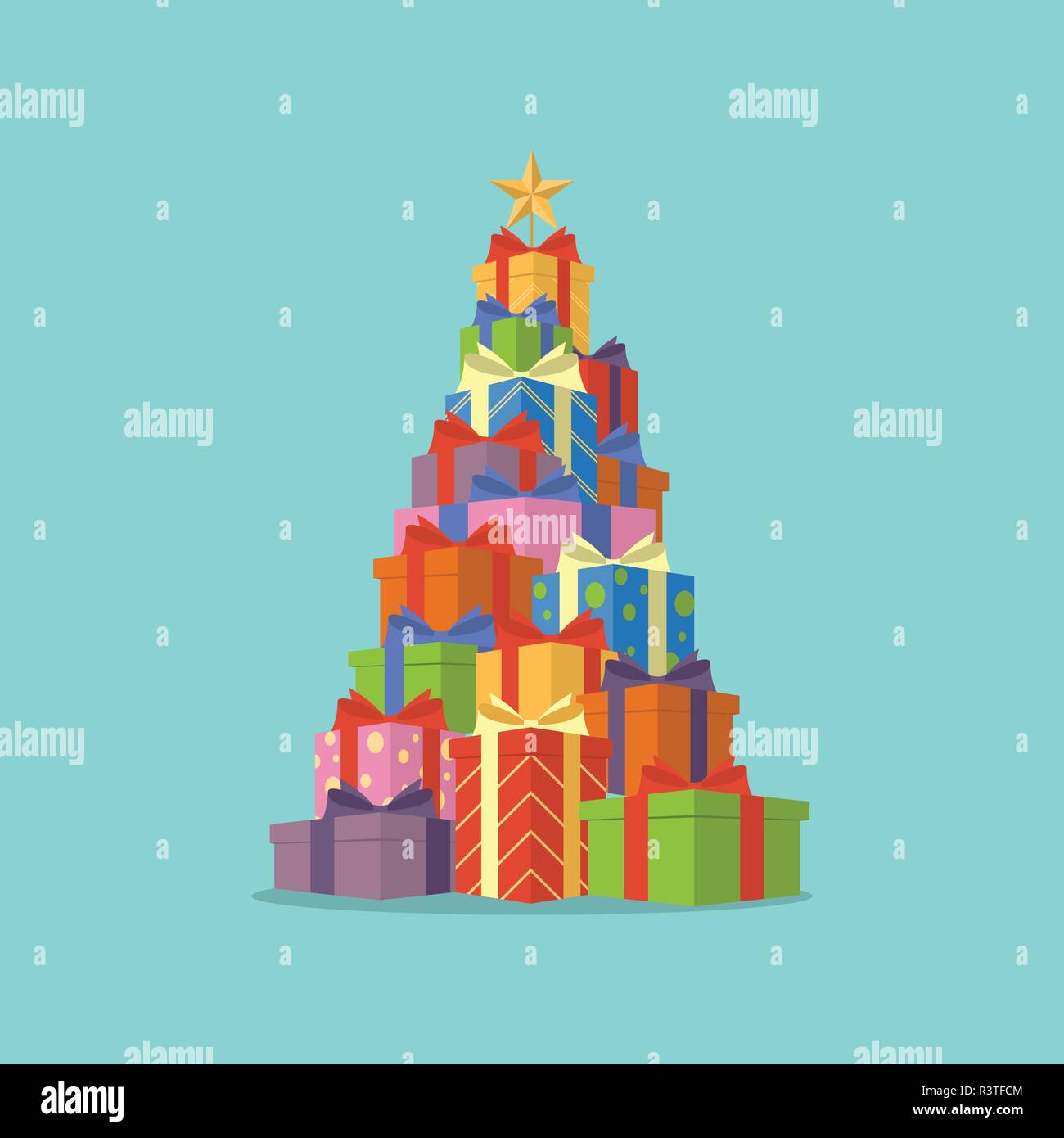 Pile of colorful gift boxes in shape of Christmas tree with star in ...