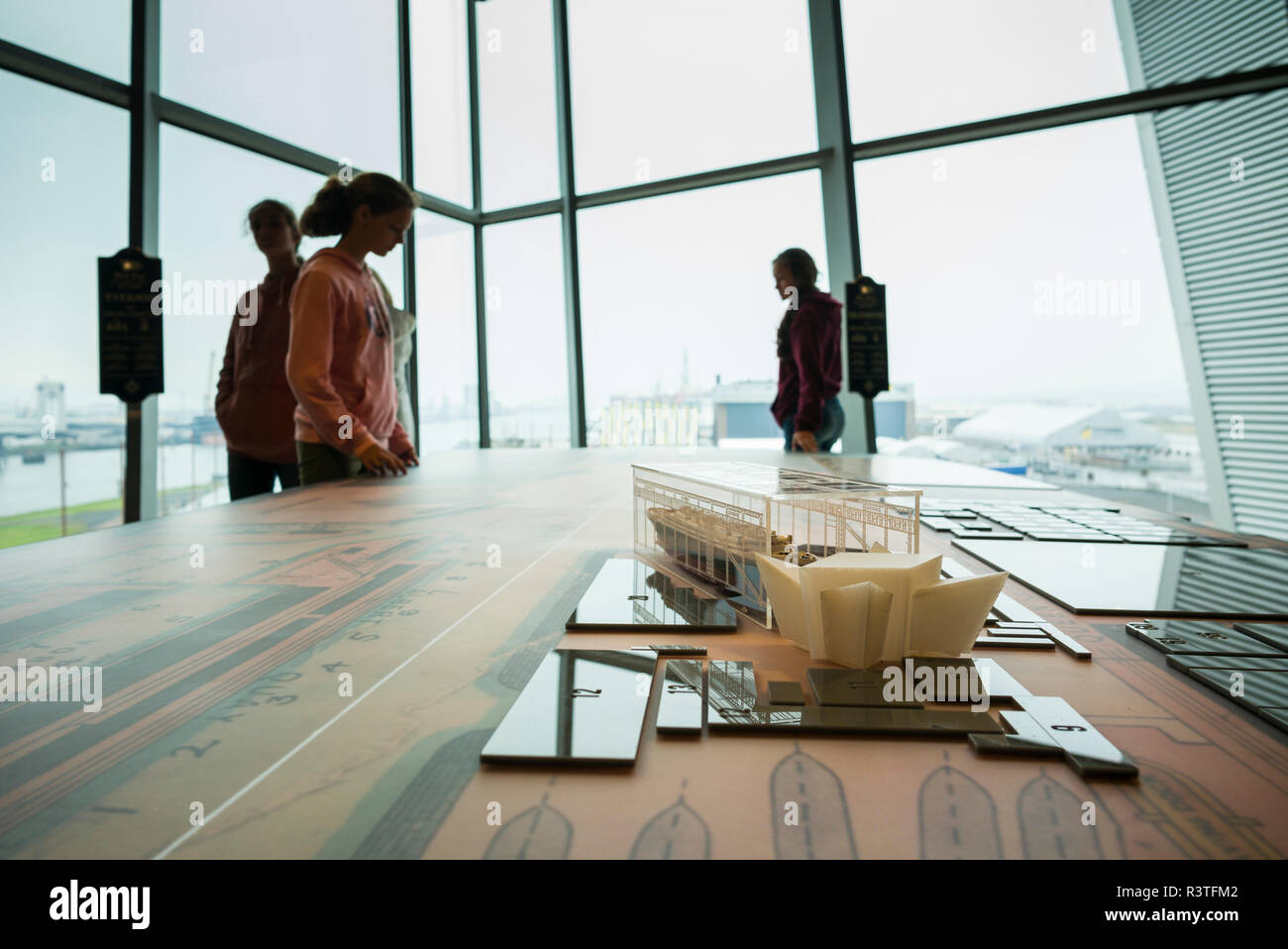 UK, Northern Ireland, Belfast Docklands, Titanic Belfast Museum, model of museum and Titanic