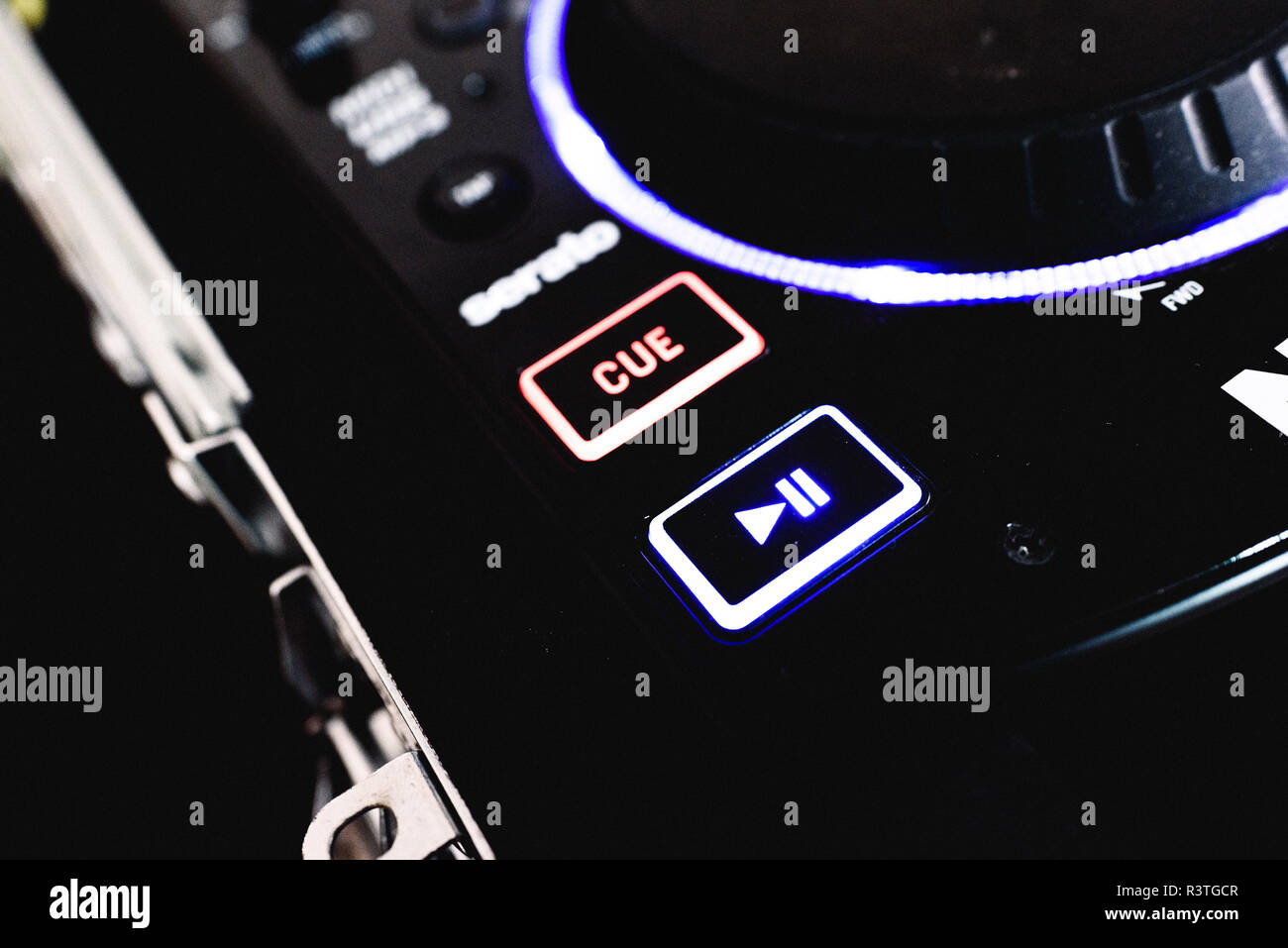 Cue and Play button on a black mixer Stock Photo Alamy