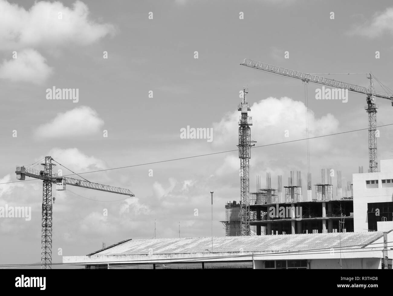 crane in construction building site. black and white tone image Stock ...