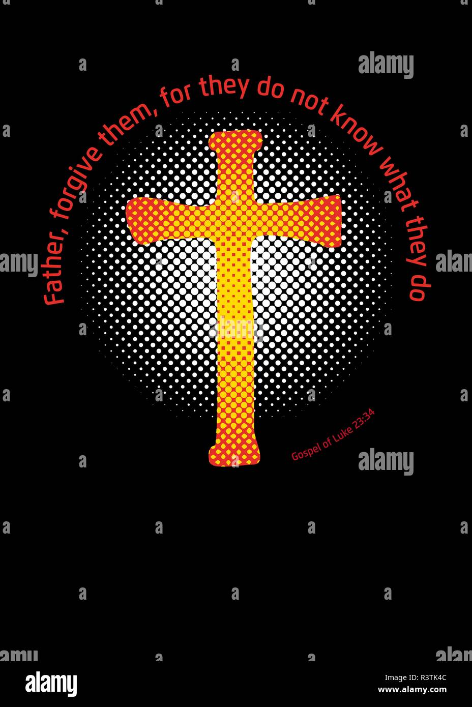 A Crucifix in a circle with a halftone screen effect in the back symbolizing the light, and a Gospel quote around Stock Vector