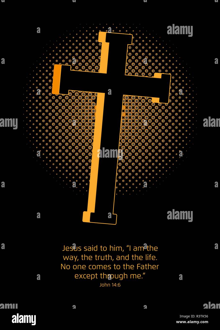 A golden Crucifix with a halftone screen effect in the back symbolizing the light, and a Gospel quote Stock Vector