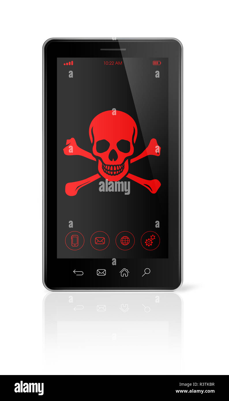 smart phone with a pirate symbol on screen. Hacking concept Stock Photo