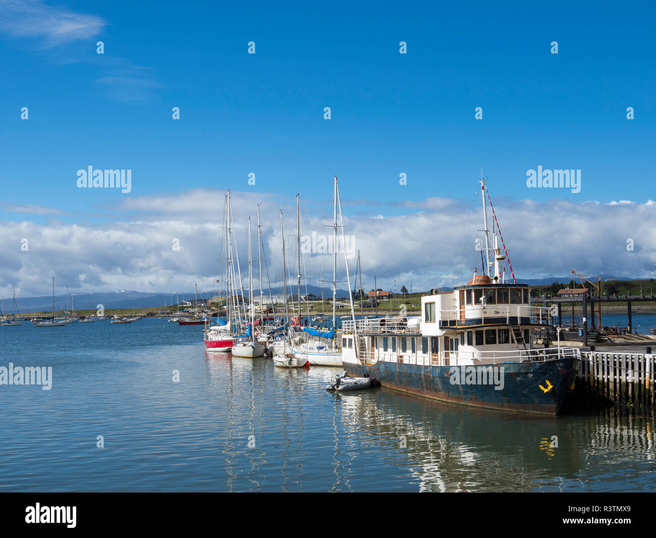 Town of Ushuaia on Tierra del Fuego in Patagonia. Harbor facing the Beagle Channel. South America, Argentina Stock Photo