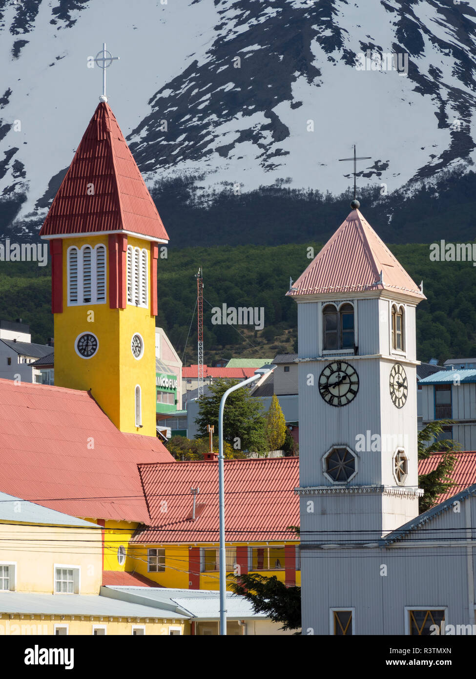 Town of Ushuaia on Tierra del Fuego in Patagonia. Church with steeple. South America, Argentina Stock Photo