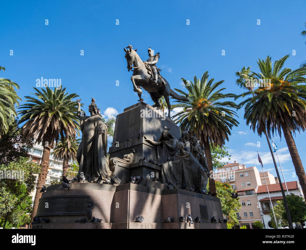 Plaza 9 de Julio, monument commemorating General Jose de Arenales Town of Salta, located in the foothills of the Andes. Argentina, South America. Stock Photo