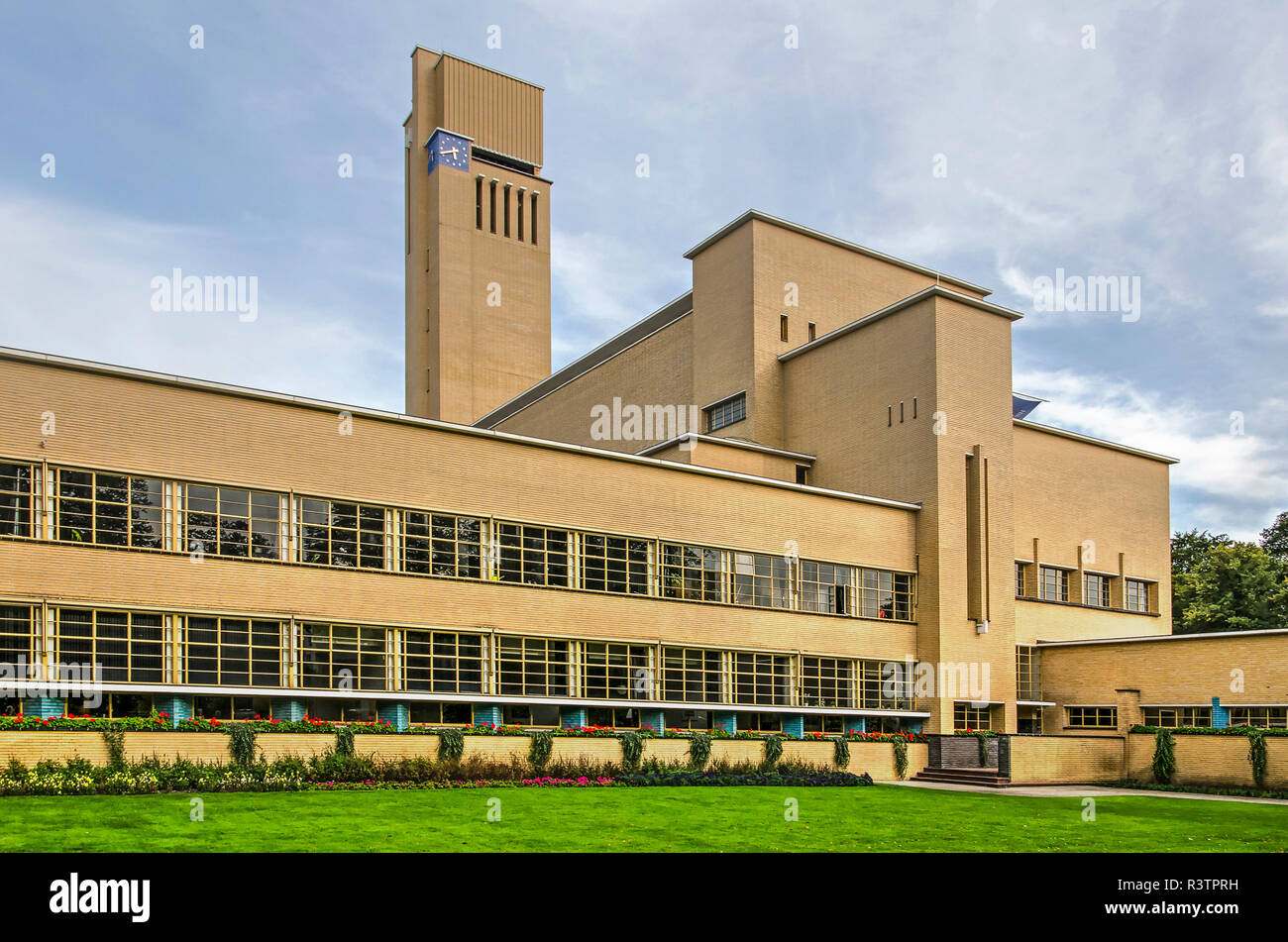 Hilversum, The Netherlands, September 20, 2018: the west facade of the city hall by architect W.M.Dudok (1931) Stock Photo