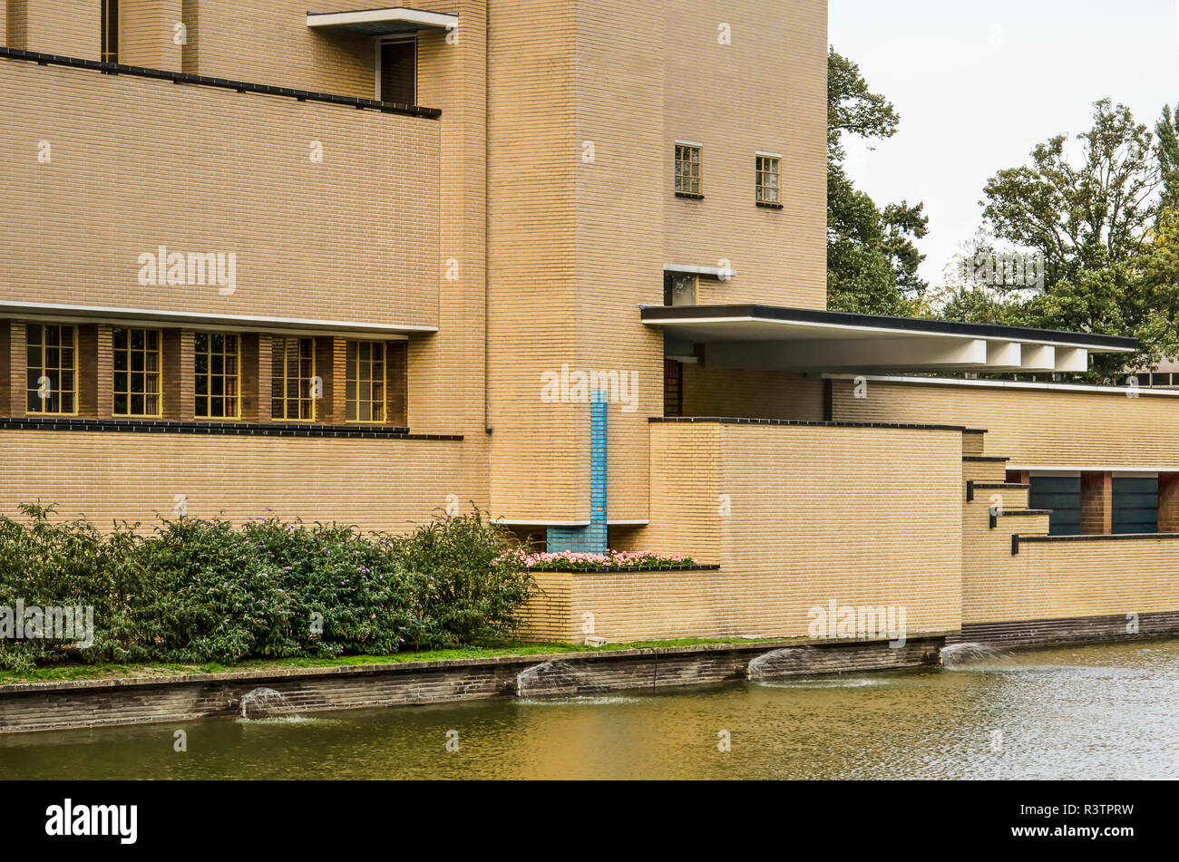 Hilversum, The Netherlands, September 20, 2018: detail of the south facade of the city hall by architect W.M. Dudok (1931) with the building's main en Stock Photo