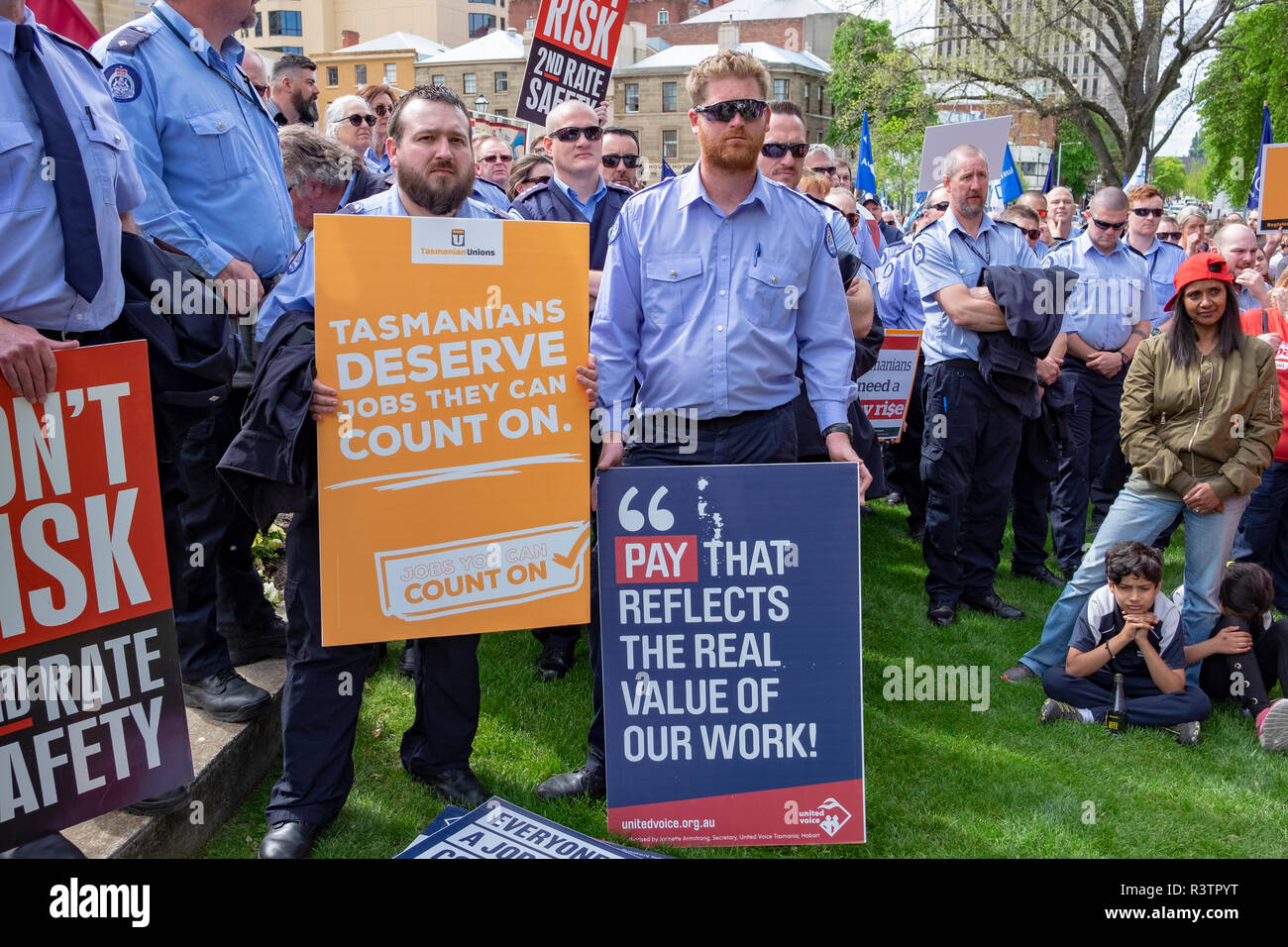 Public servants, prison officers, teachers, nurses and health workers demonstarte for pay rises outside Prliament House in Hobart, Tasmania Stock Photo