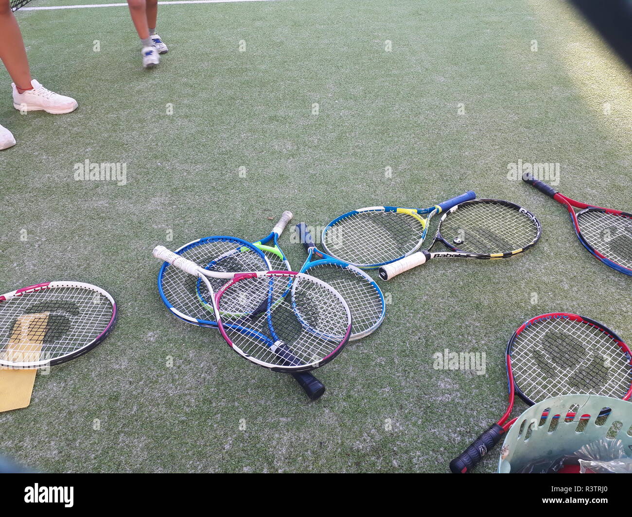 Valencia, Spain October 25, 2018 Children's tennis rackets on the