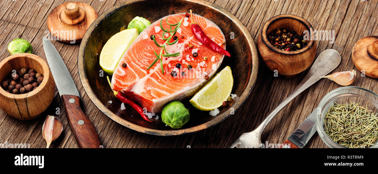 Fresh Raw Salmon Steaks On Rustic Table Atlantic Fish Long Banner