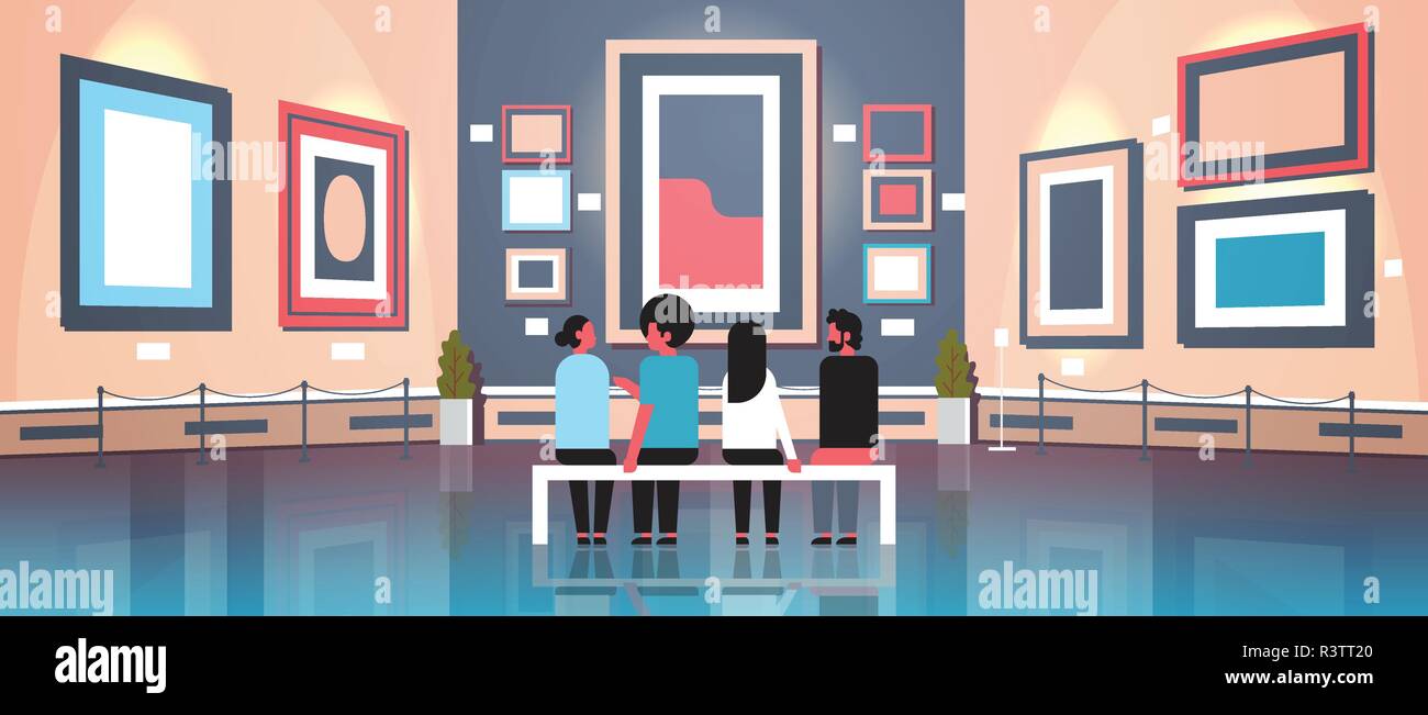 people tourists visitors in modern art gallery museum interior sitting on bench looking contemporary paintings artworks or exhibits horizontal banner Stock Vector