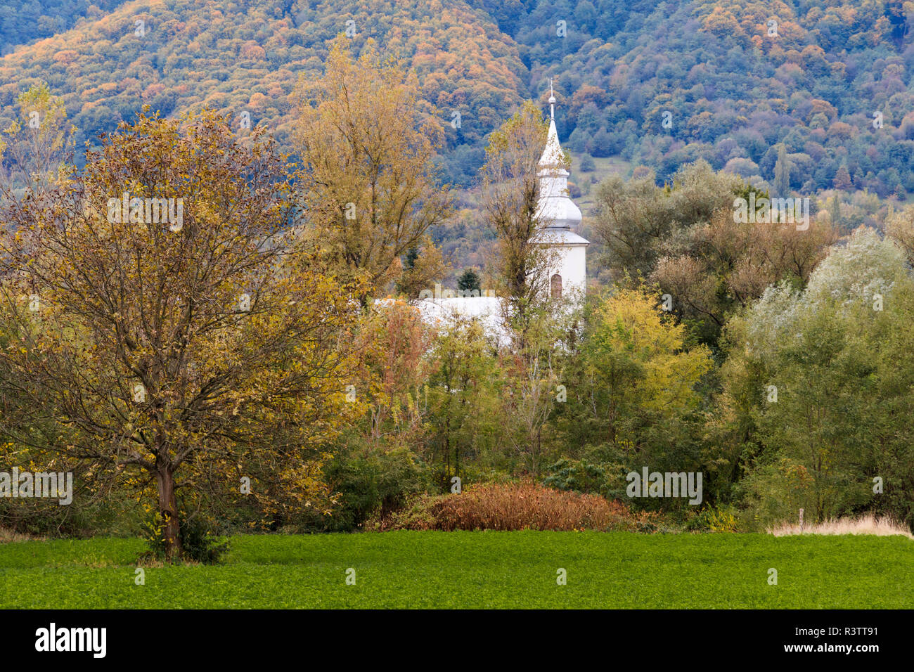 Europe, Romania. Maramures County. Baia Mare. Church near Firiza. Lake Firiza. Fall color. Stock Photo