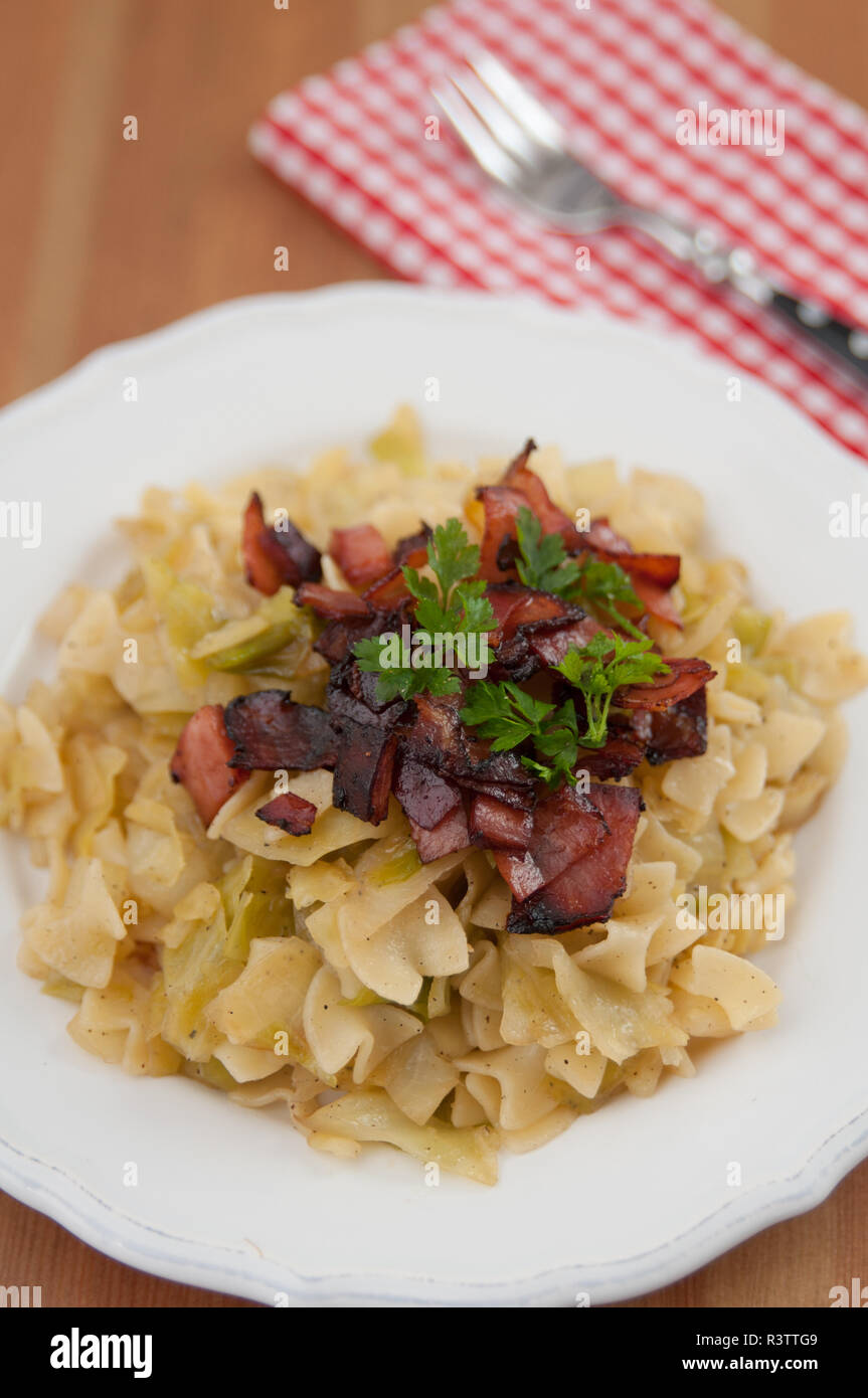 Pasta with cabbage and bacon Stock Photo Alamy
