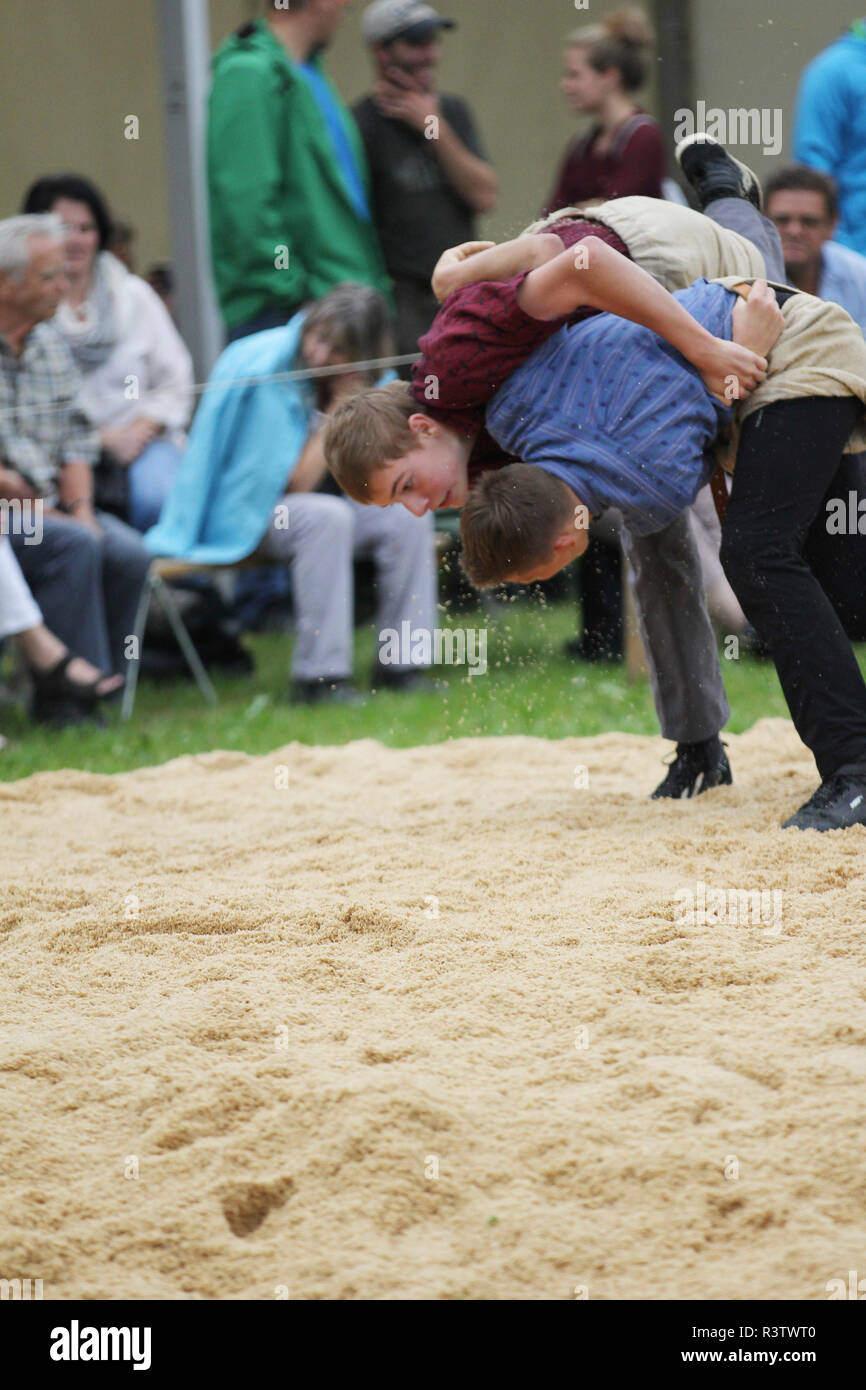 Traditional Swiss wrestling match in Jakobsbad Stock Photo