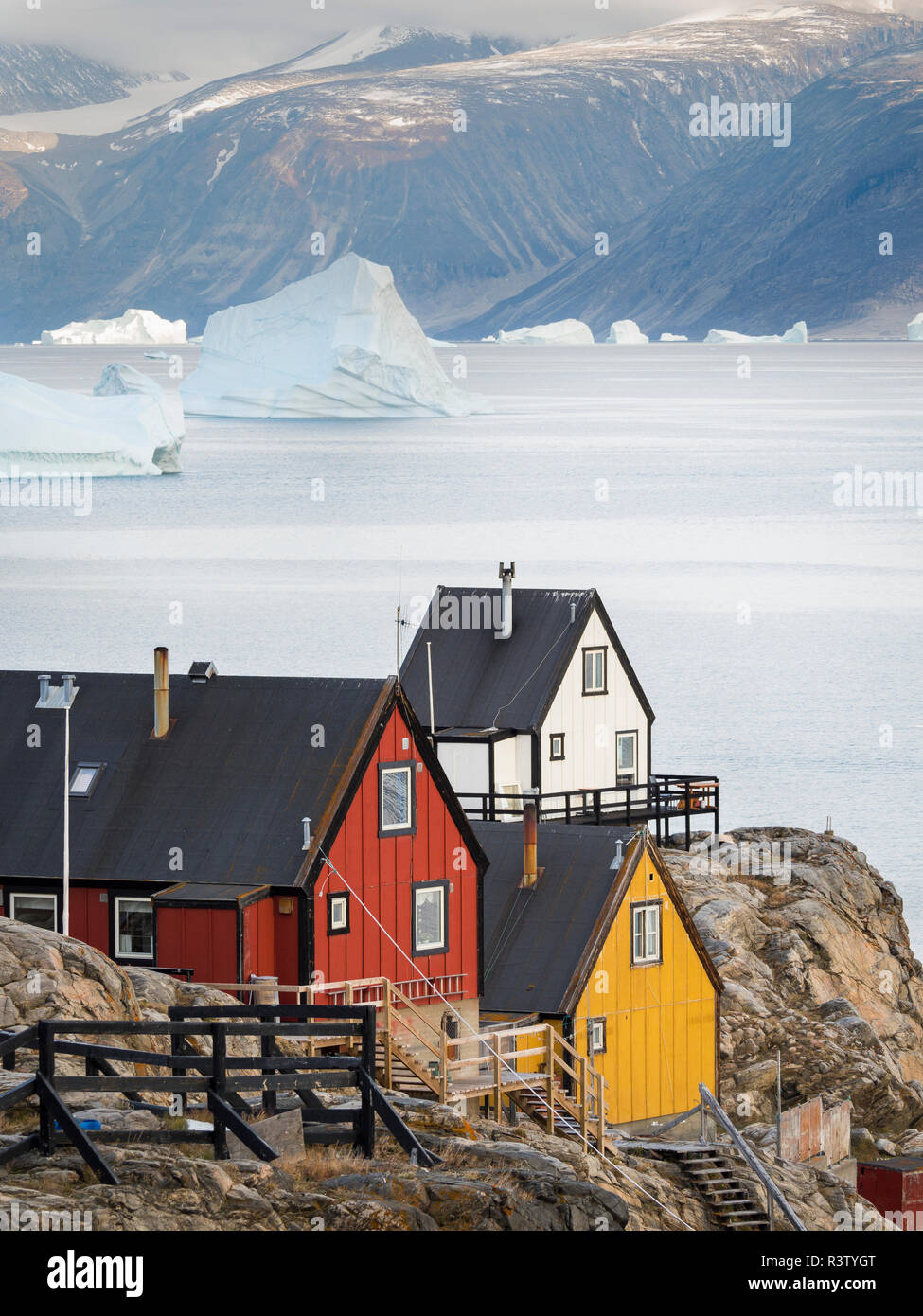 Small town of Uummannaq and glaciated Nuussuaq Peninsula in the background. Greenland, Denmark (Editorial Use Only) Stock Photo