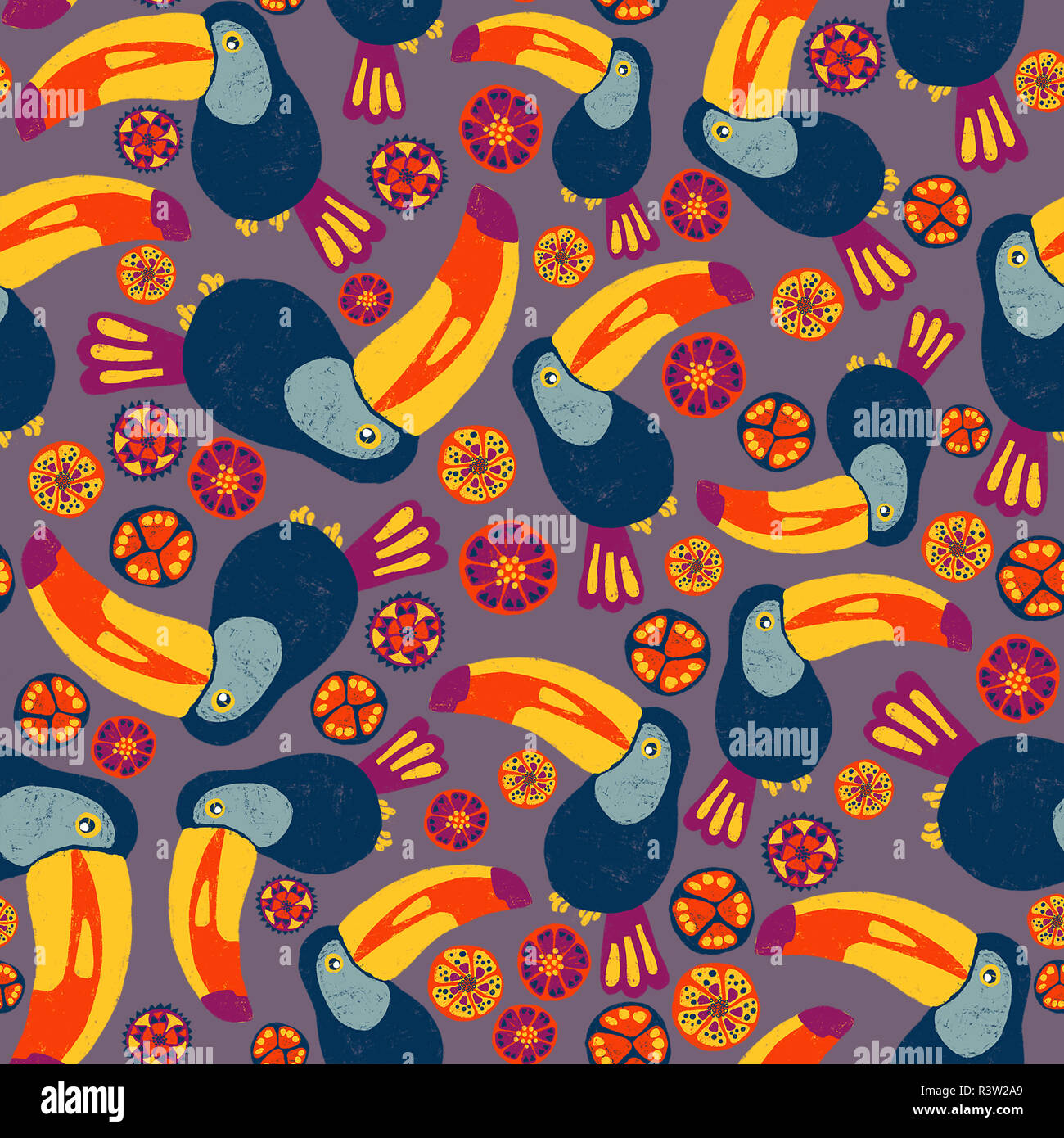 Toucan Birds And Tropical Fruits Blue Red Yellow Pink Blue Orange