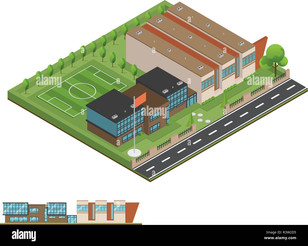 3D modern office or school building and environment with tree, fence ...