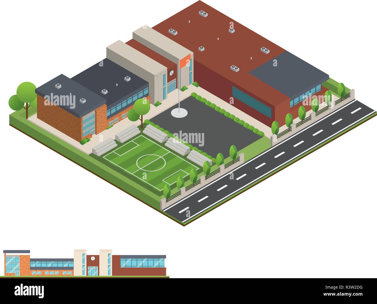 3D modern office or school building and environment with tree, fence ...