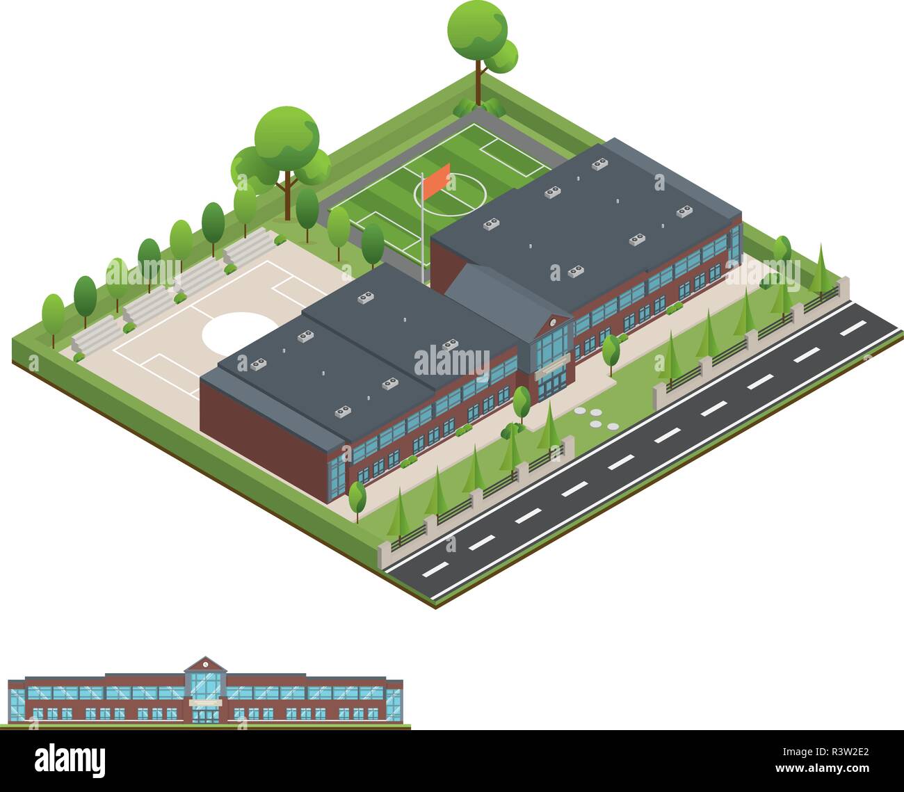3D modern office or school building and environment with tree, fence ...
