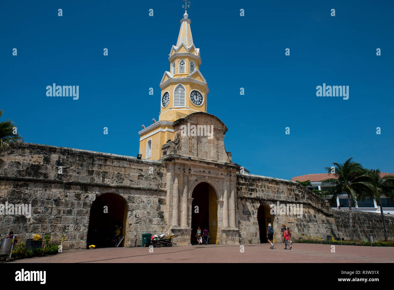 South America, Colombia, Cartagena. 'Old City' the historic walled city center, UNESCO. Clock Tower Gate, aka Torre del Reloj. Stock Photo