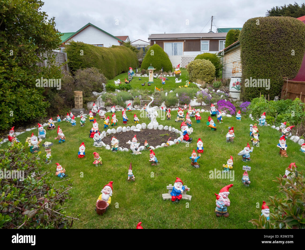 Kay's gnome garden in the Pioneers Row in the old town of Stanley, capital of the Falkland Islands. (Editorial Use Only) Stock Photo