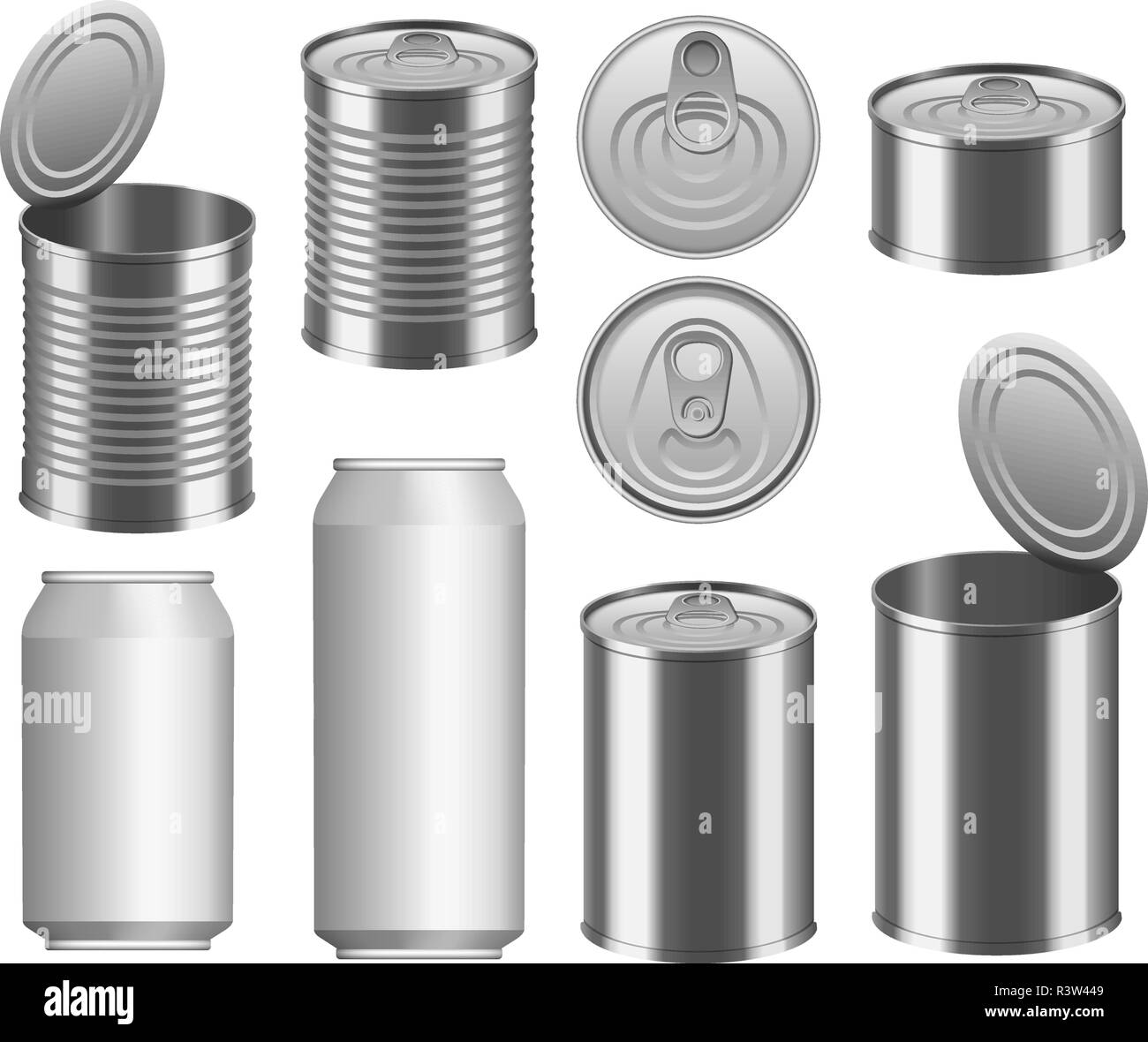 Tin can food package jar mockup set. Realistic illustration of 9 tin