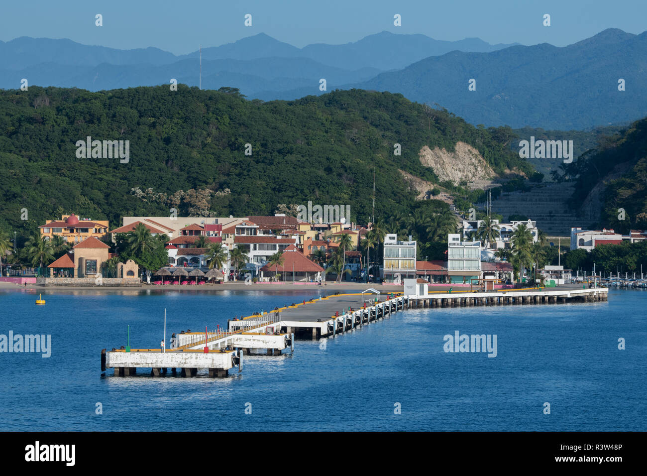 Mexico Oaxaca Port View Of Huatulco And Santa Cruz Bay Cruise Ship Pier With Sierra Madre Mountains In The Distance Stock Photo Alamy