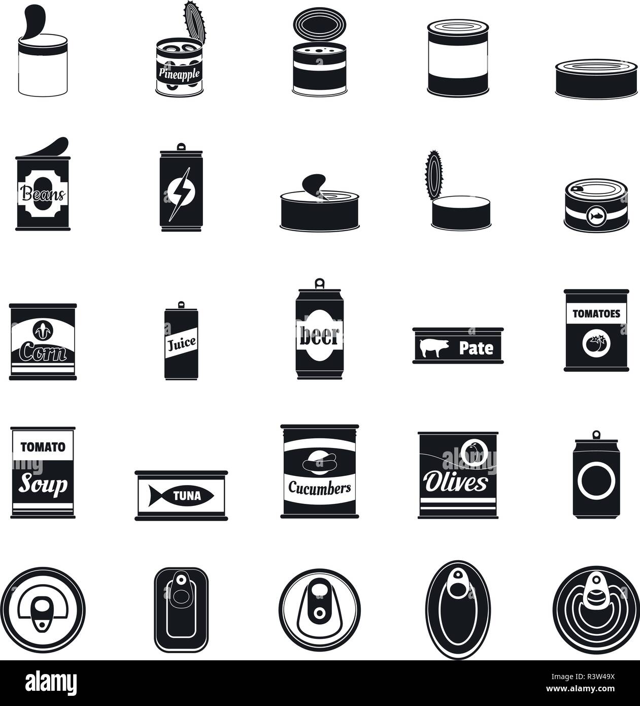 Tin can food package jar icons set. Simple illustration of 25 tin can