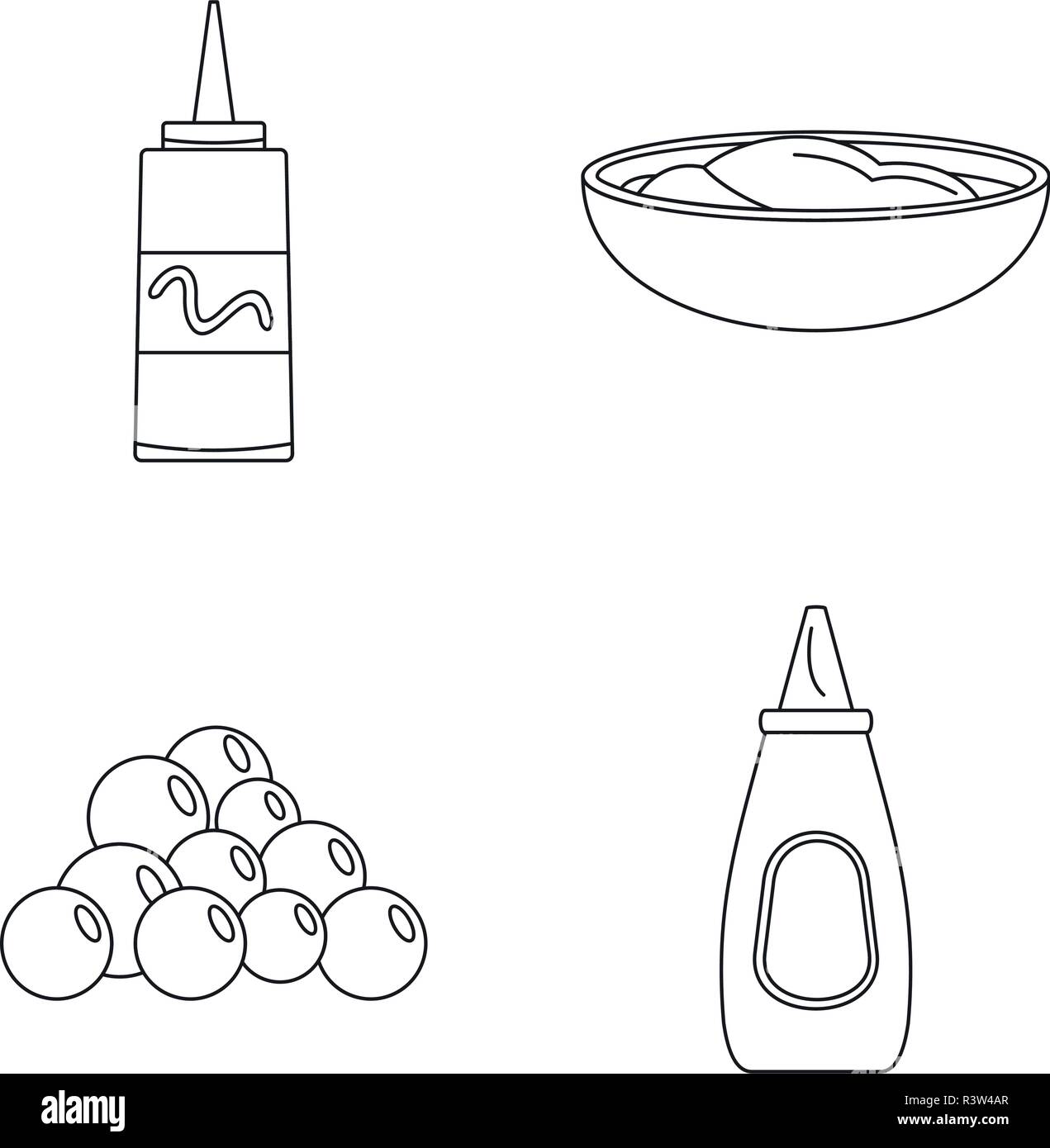 Mustard seeds sauce bottle icons set. Outline illustration of 4 mustard