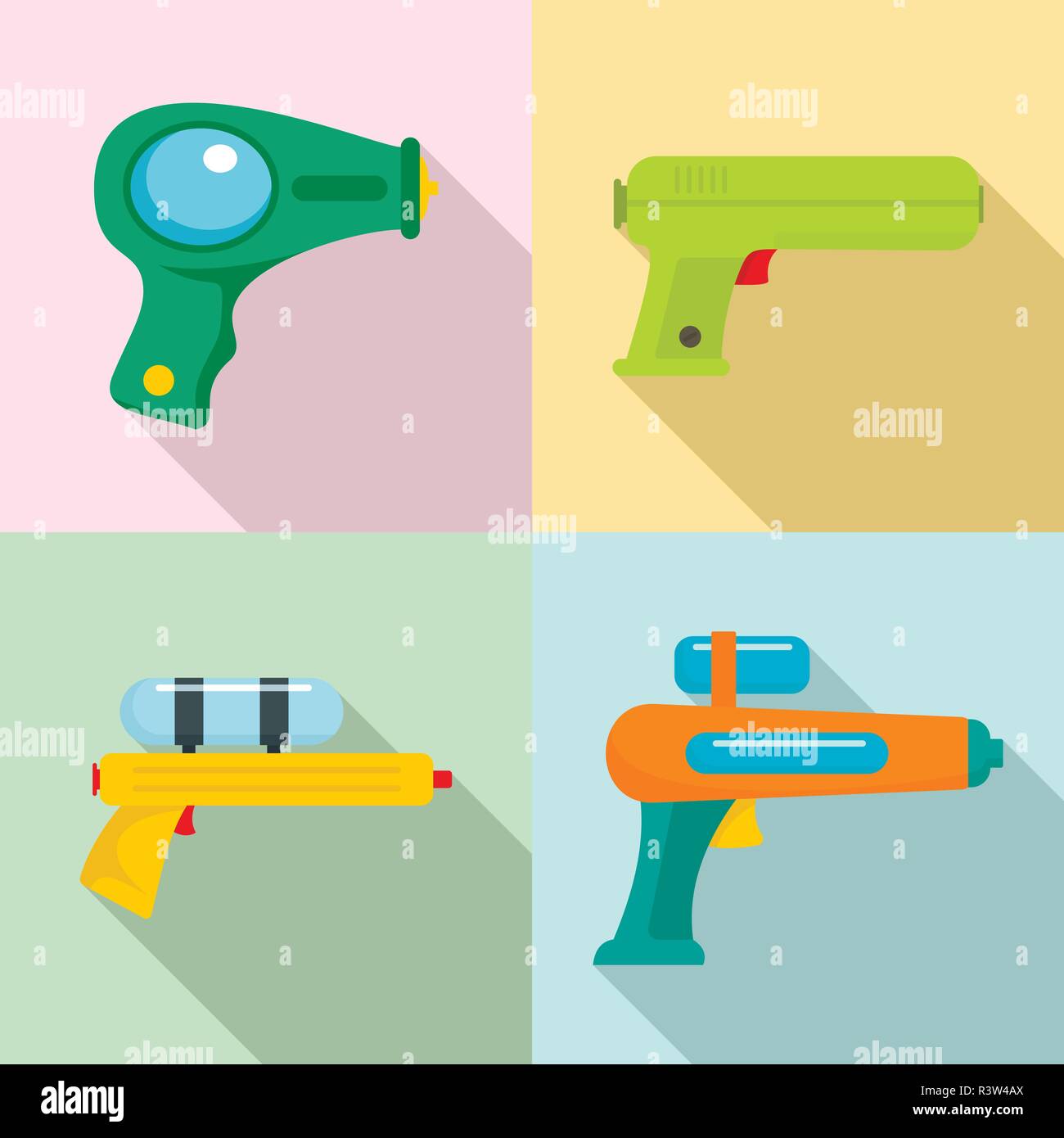 Squirt gun water pistol game icons set. Flat illustration of 4 squirt gun water pistol game