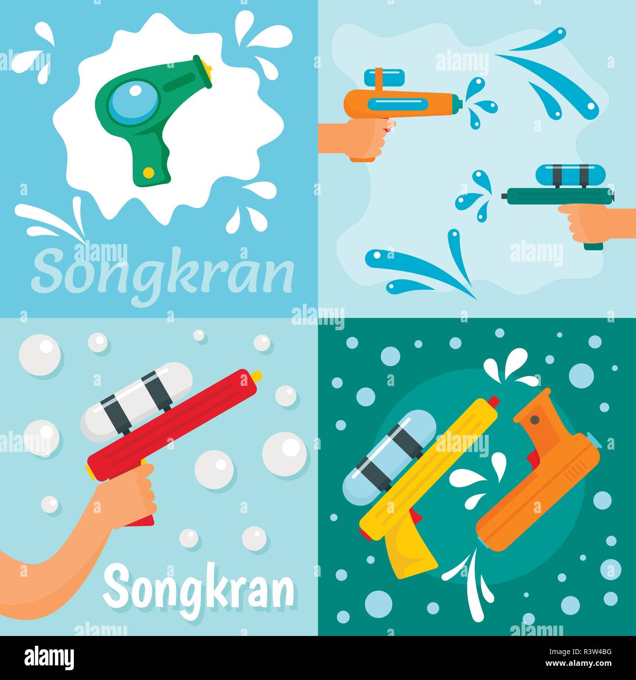 Squirt gun water pistol game banner concept set. Flat illustration of 4