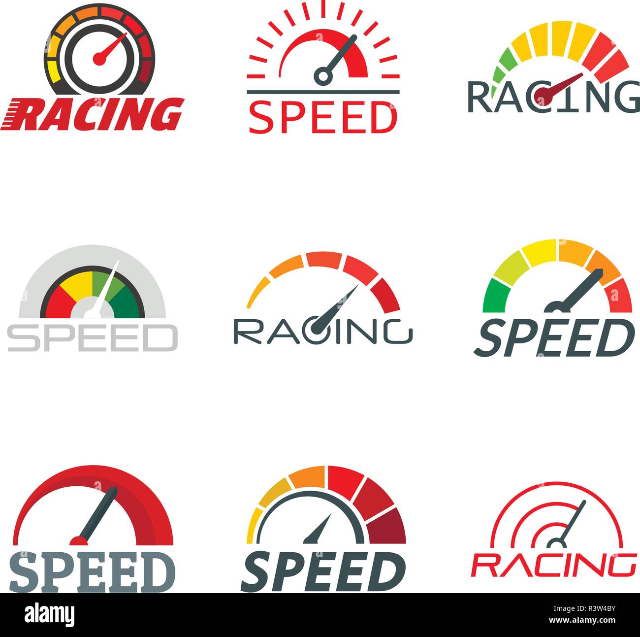 Speedometer level indicator logo set. Flat illustration of 9 ...