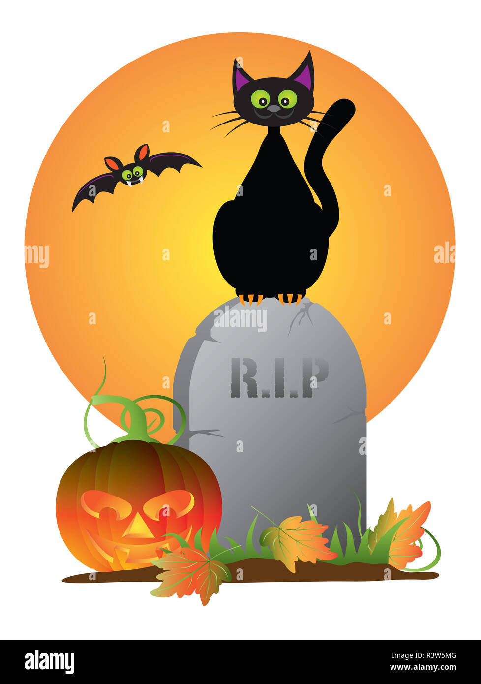 Halloween Black Cat Stting on Tombstone Illustration Stock Photo