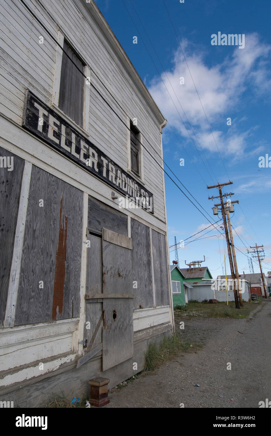 Alaska, Seward Peninsula, Nome, Bob Blodgett Nome-Teller Highway (aka Teller Road). Remote town of Teller, abandoned Teller Trading Company building. Stock Photo