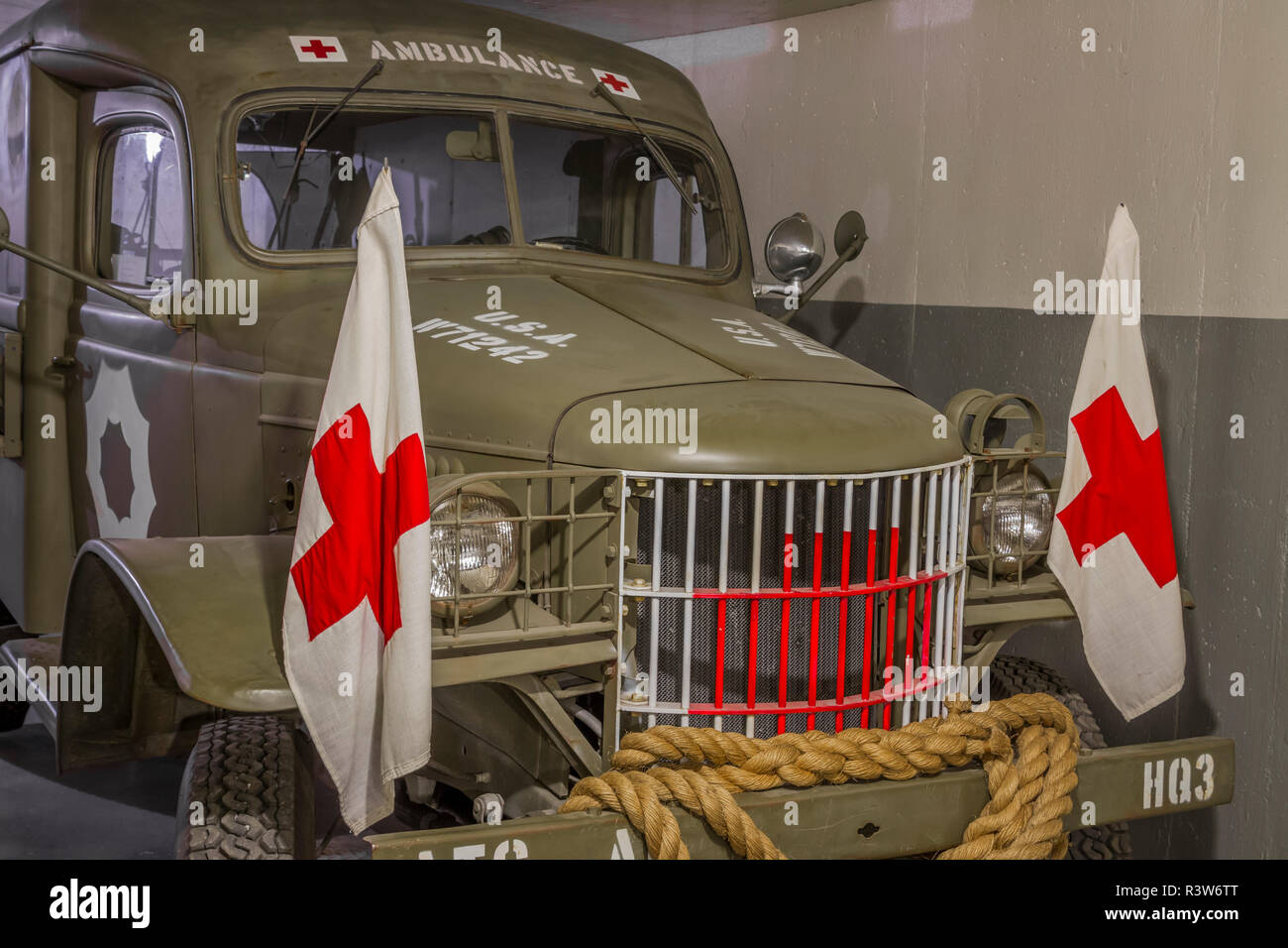 USA, Alaska, Kodiak, Kodiak Military History Museum. WWII Ambulance at