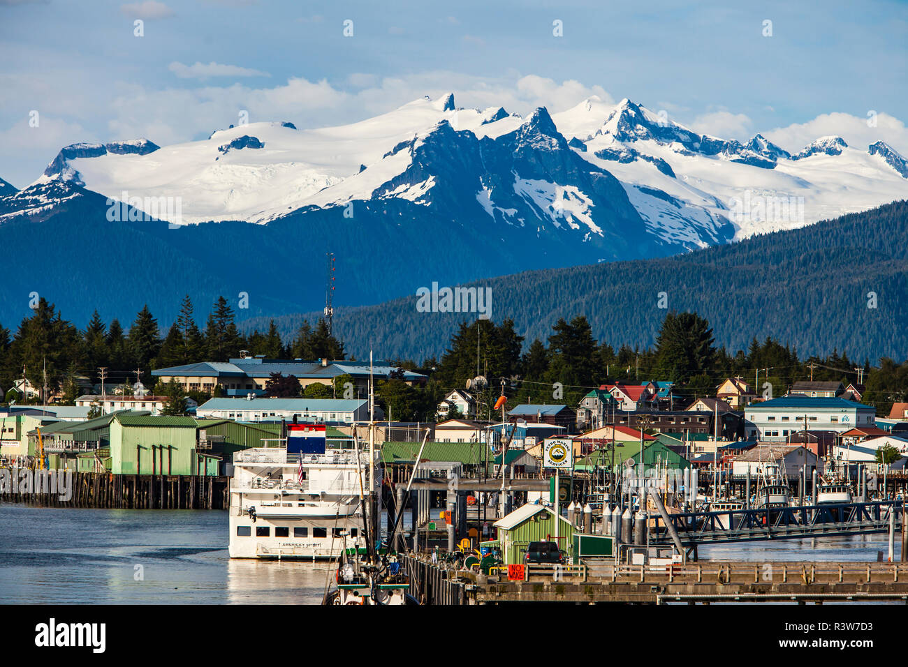 USA, Alaska, Petersburg. Docks, harbor and coast range Stock Photo