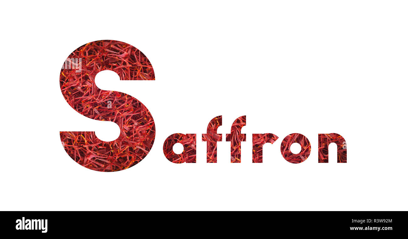 The word Saffron with dried saffron isolated on white Stock Photo Alamy