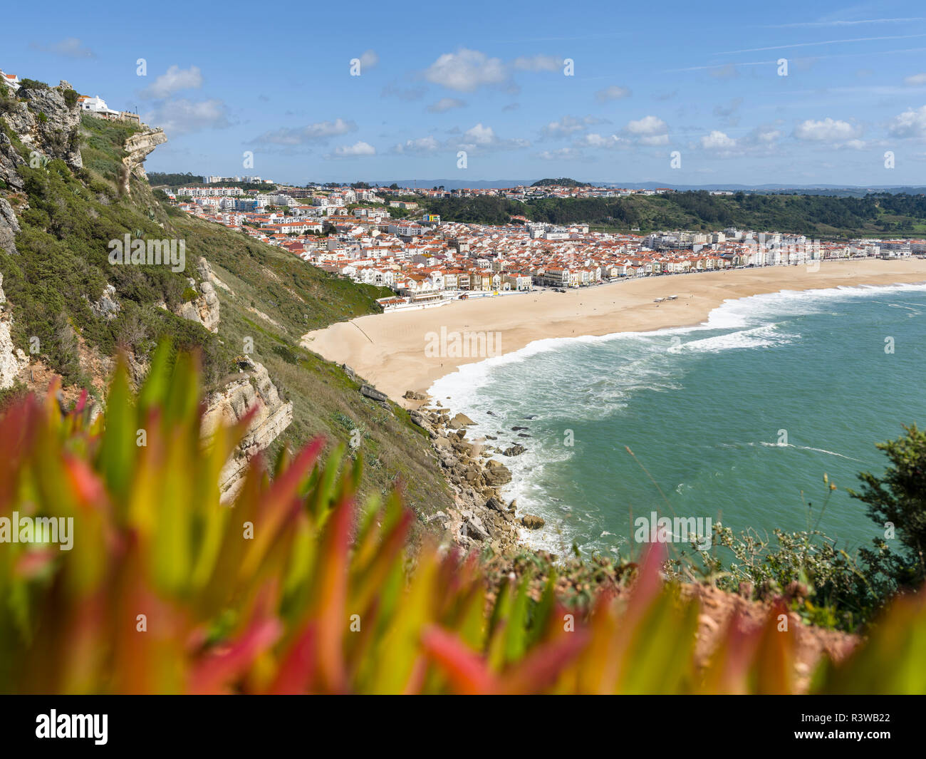 View over town and beach from Sitio. The town Nazare on the coast of the Atlantic Ocean. Portugal Stock Photo