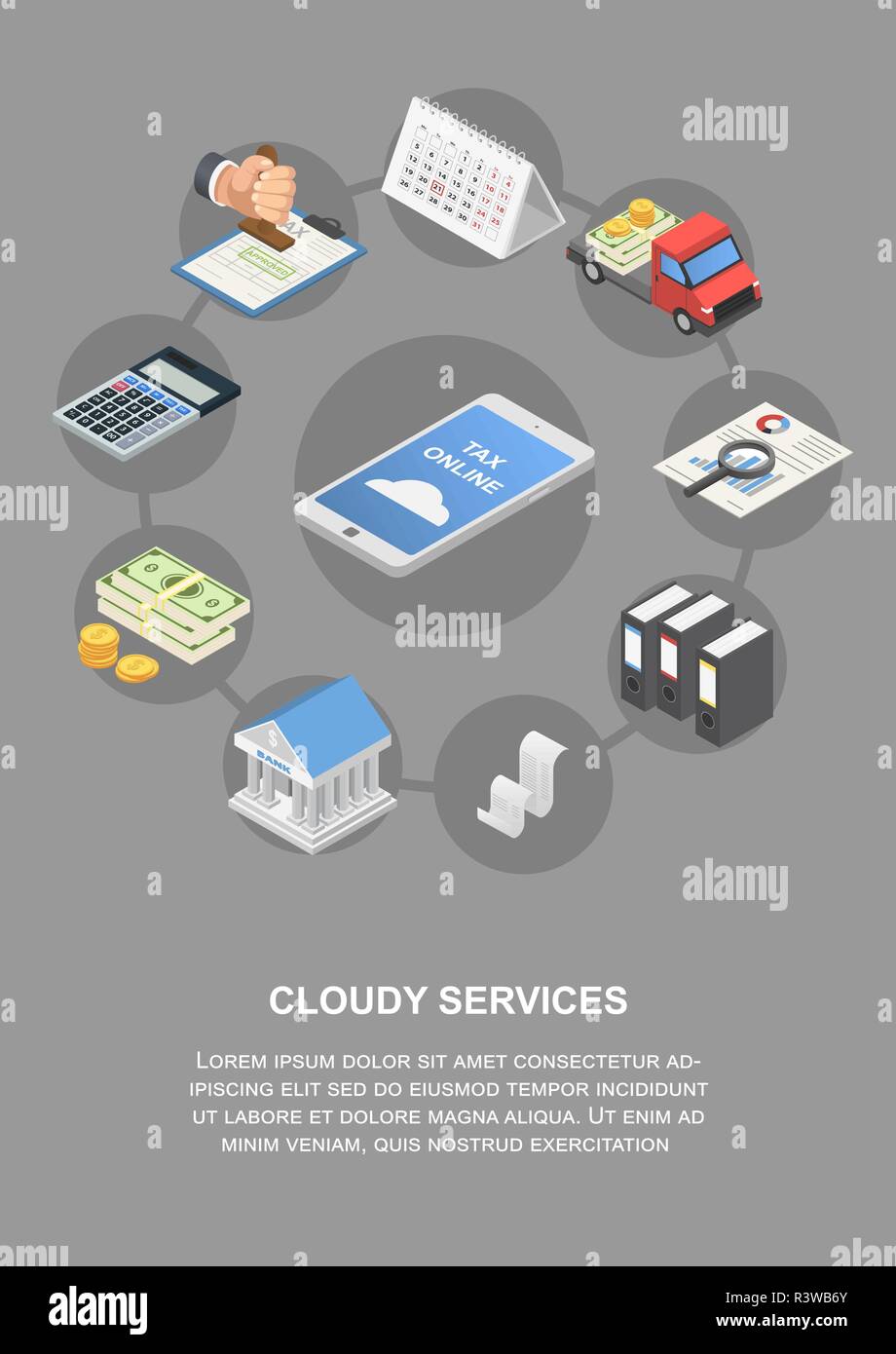 Tax Online Cloudy Services Banner Vertical Isometric Illustration