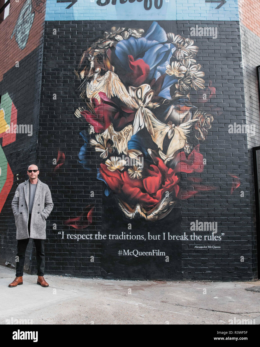 Gary McQueen collaborated with Graffiti Life on a skull mural inspired by  his late uncle - legendary designer Alexander McQueen. The spray-painted  art was today unveiled on Ebor Street in Shoreditch in