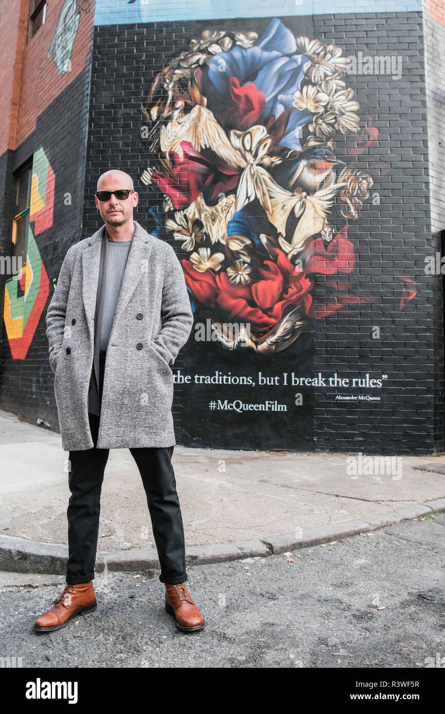 Gary McQueen collaborated with Graffiti Life on a skull mural inspired by  his late uncle - legendary designer Alexander McQueen. The spray-painted  art was today unveiled on Ebor Street in Shoreditch in