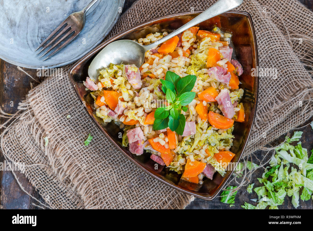 Pearl barley and bacon cassarole with carrots, leek and savoy cabbage