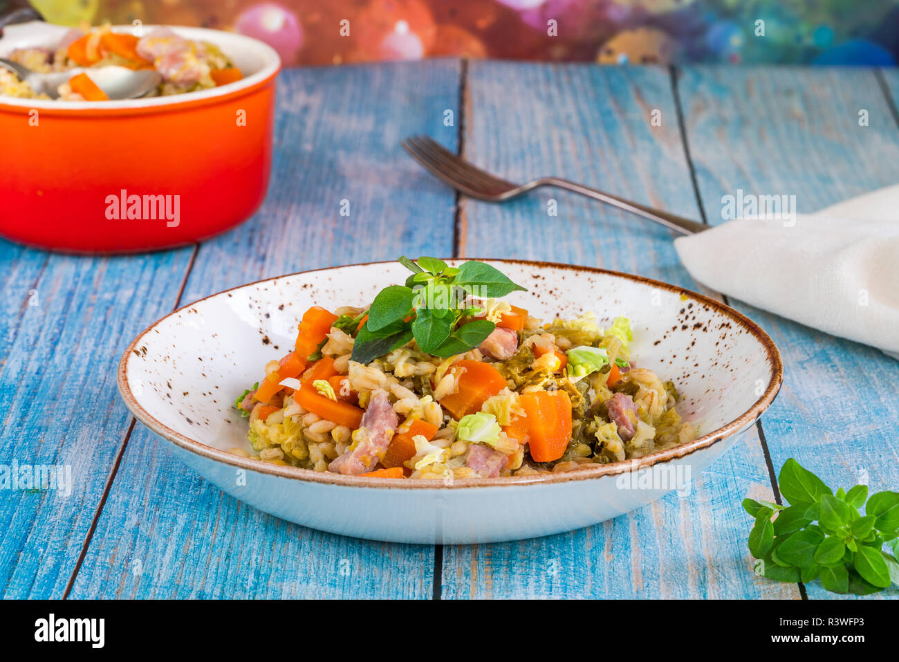 Pearl barley and bacon cassarole with carrots, leek and savoy cabbage