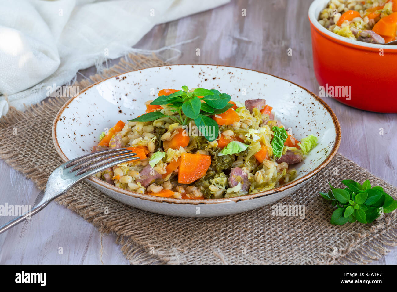 Pearl barley and bacon cassarole with carrots, leek and savoy cabbage