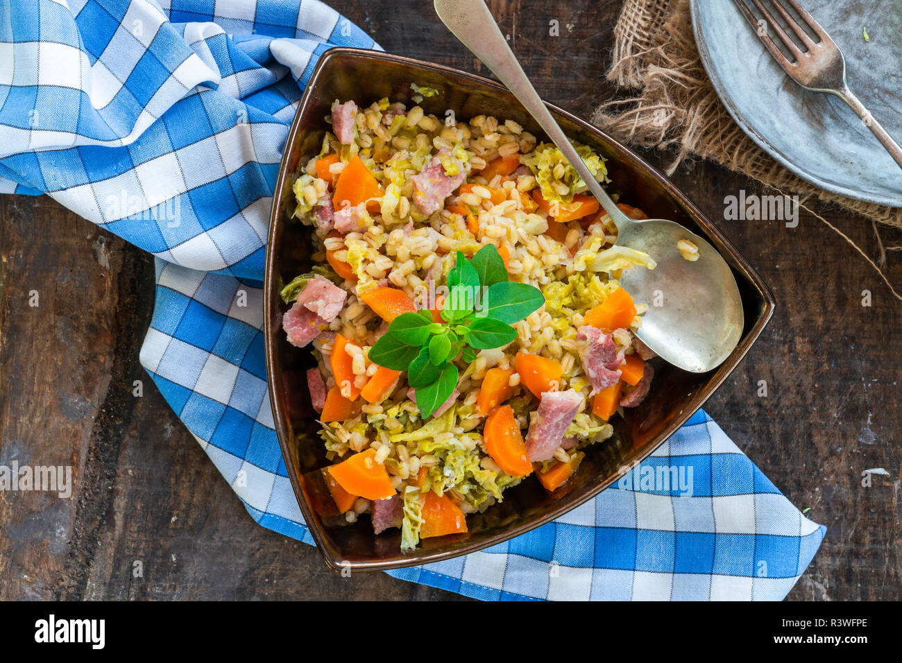 Pearl barley and bacon cassarole with carrots, leek and savoy cabbage
