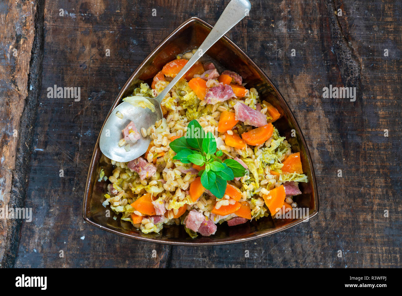 Pearl barley and bacon cassarole with carrots, leek and savoy cabbage