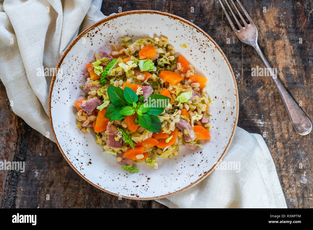 Pearl barley and bacon cassarole with carrots, leek and savoy cabbage