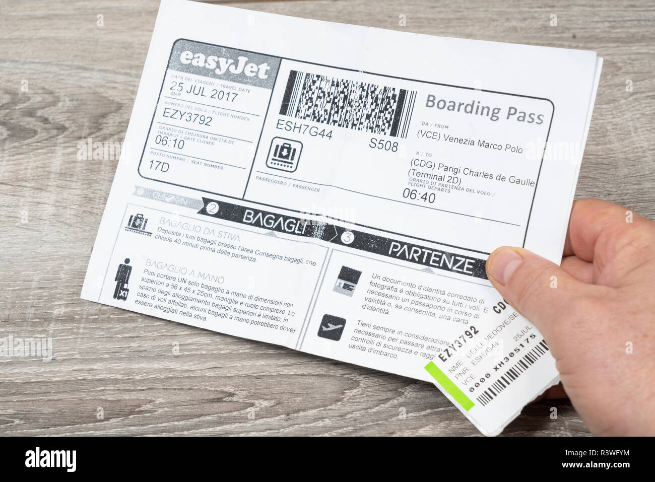 Easyjet boarding pass on the hand Stock Photo